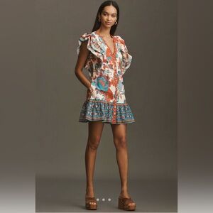 FARM Rio X Anthropologie Floral Ruffle Sleeve Mini Dress NWT Size XSmall